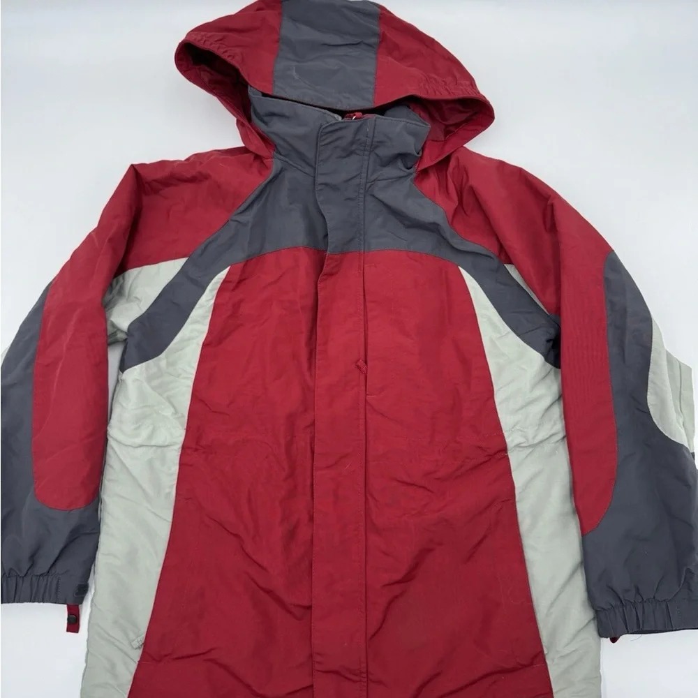 L.L. Bean Red, Gray and Light Gray Hooded Colorblock Jacket